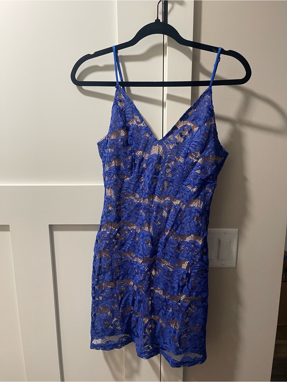 Dainty Hooligan Cobalt Blue Lace Mini Dress with Gold Underlay